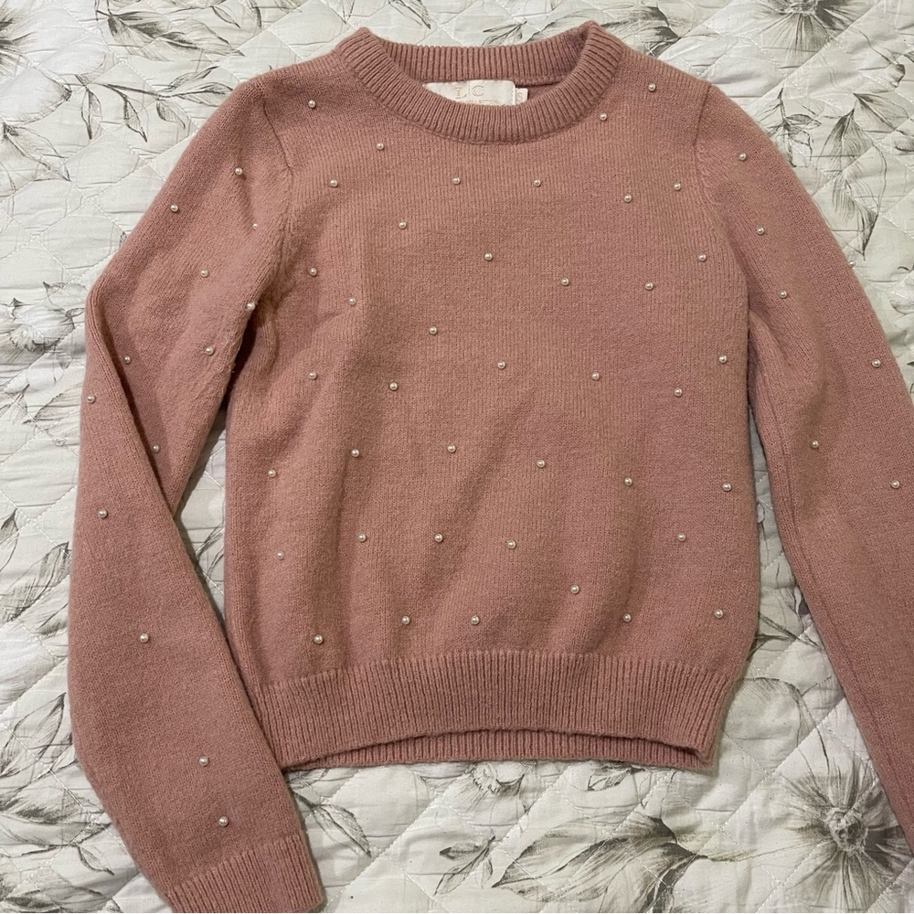 Women's Pink Sweater with Pearl Accents - Picture 2 of 4